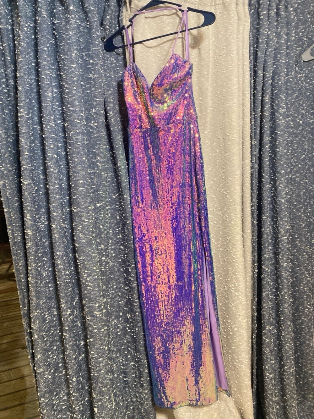 Iridescent Purple Sequin Spaghetti-Strap Prom Dress